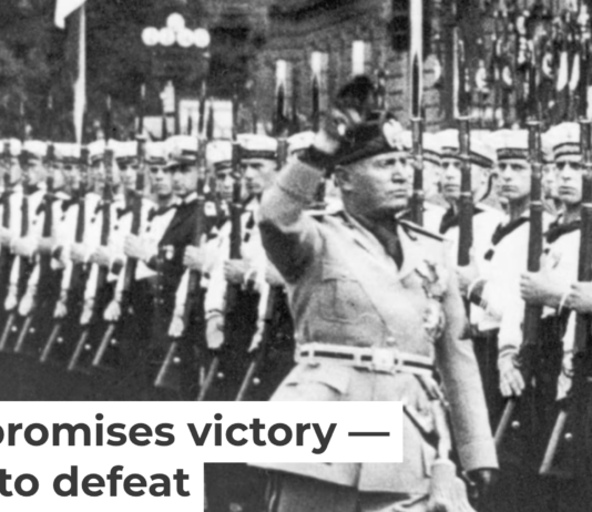 Hitler and Mussolini salute Nazi troops in 1937. Bettmann/Getty Images